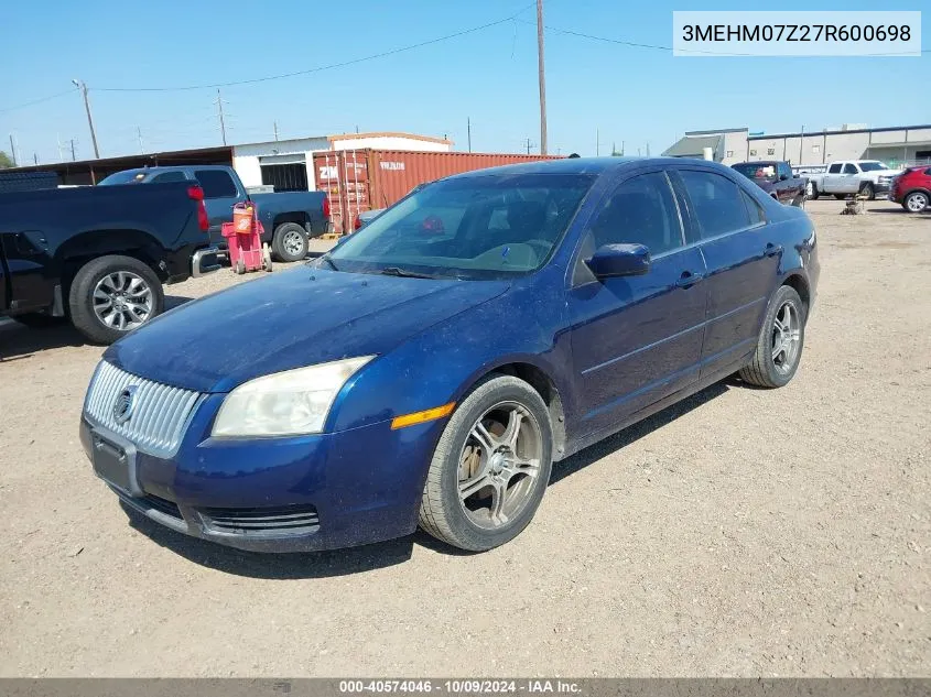 2007 Mercury Milan I4 VIN: 3MEHM07Z27R600698 Lot: 40574046