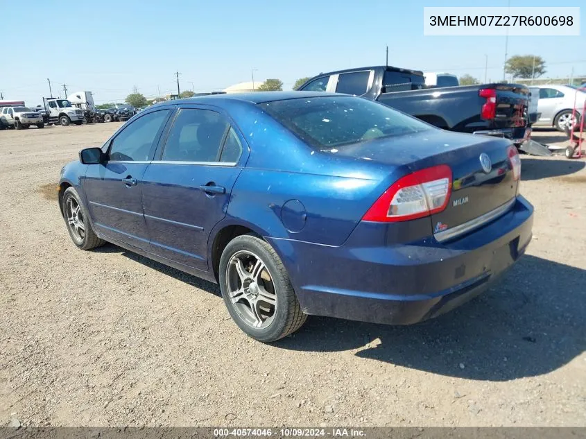 2007 Mercury Milan I4 VIN: 3MEHM07Z27R600698 Lot: 40574046