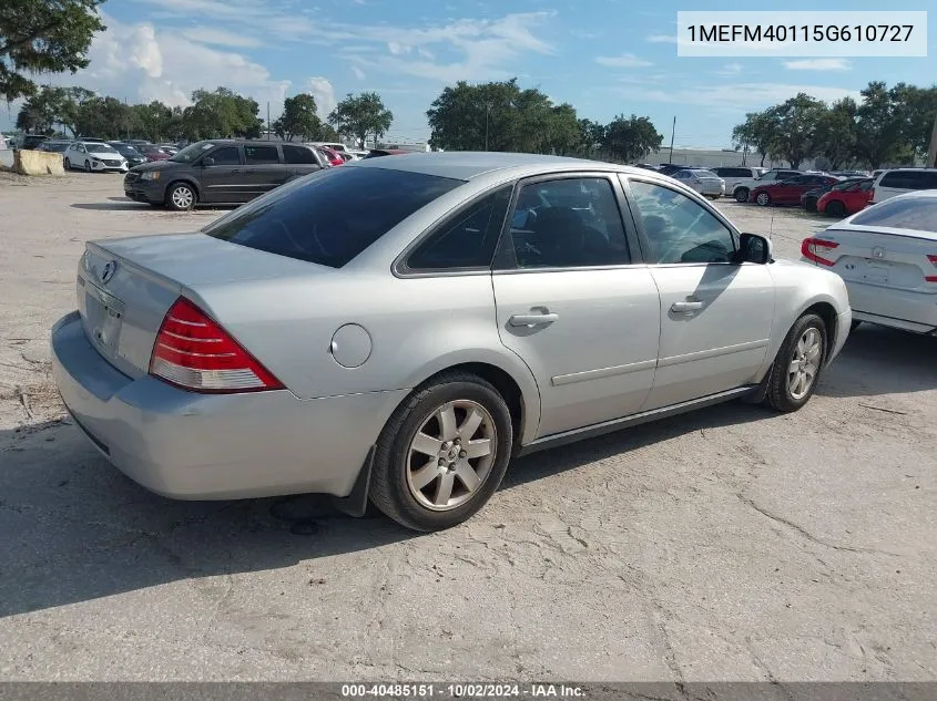 2005 Mercury Montego Luxury VIN: 1MEFM40115G610727 Lot: 40485151