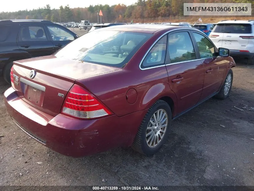 2006 Mercury Montego Premier VIN: 1MEFM43136G611343 Lot: 40713259