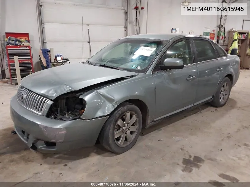 2006 Mercury Montego Luxury VIN: 1MEFM40116G615945 Lot: 40776576