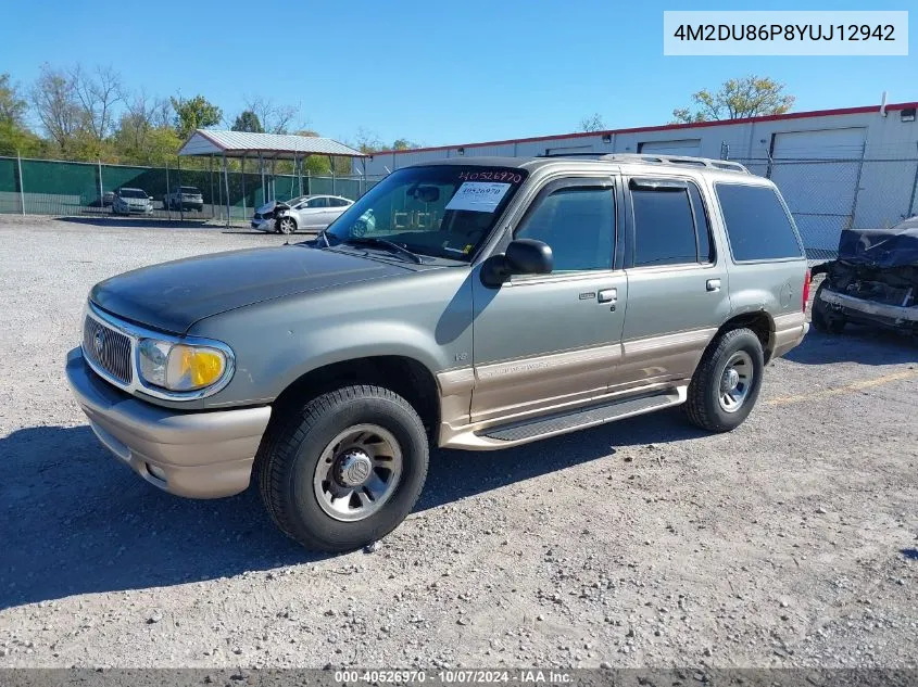 2000 Mercury Mountaineer VIN: 4M2DU86P8YUJ12942 Lot: 40526970