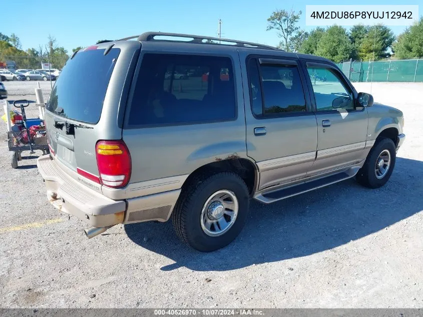 2000 Mercury Mountaineer VIN: 4M2DU86P8YUJ12942 Lot: 40526970