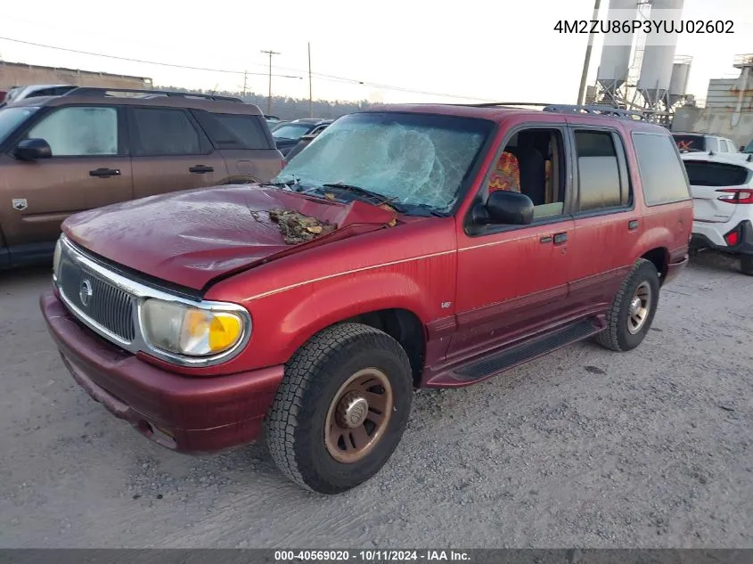 2000 Mercury Mountaineer VIN: 4M2ZU86P3YUJ02602 Lot: 40569020