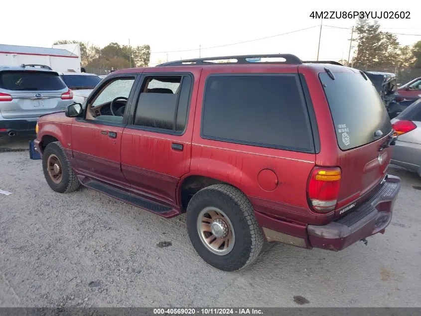 2000 Mercury Mountaineer VIN: 4M2ZU86P3YUJ02602 Lot: 40569020