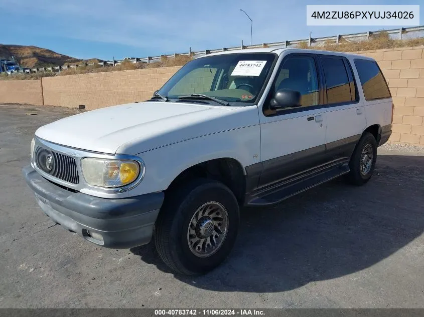 2000 Mercury Mountaineer VIN: 4M2ZU86PXYUJ34026 Lot: 40783742