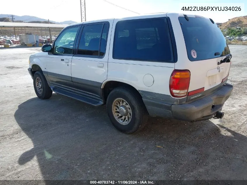 2000 Mercury Mountaineer VIN: 4M2ZU86PXYUJ34026 Lot: 40783742