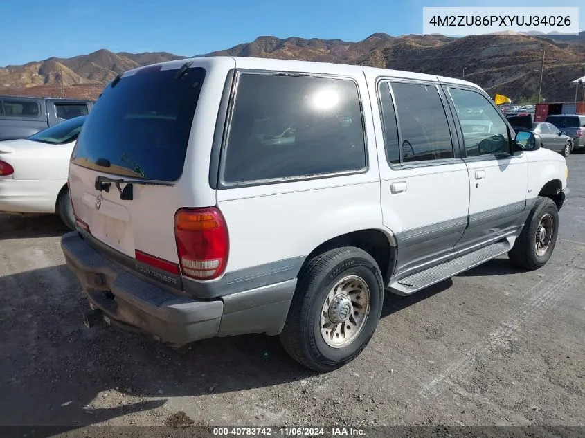 2000 Mercury Mountaineer VIN: 4M2ZU86PXYUJ34026 Lot: 40783742