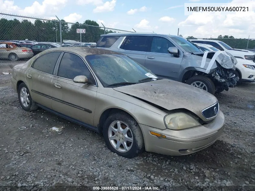 2000 Mercury Sable Gs VIN: 1MEFM50U6YA600721 Lot: 39885528