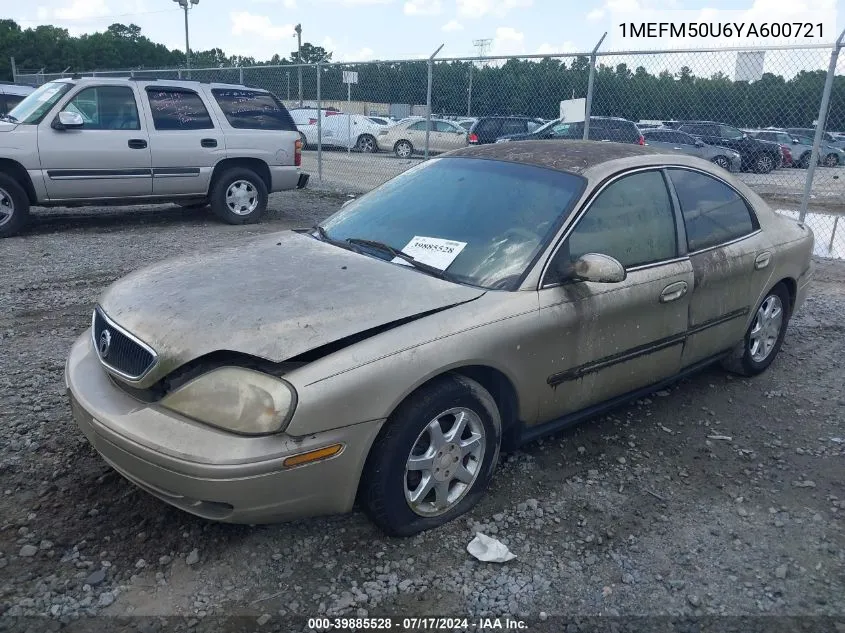 2000 Mercury Sable Gs VIN: 1MEFM50U6YA600721 Lot: 39885528