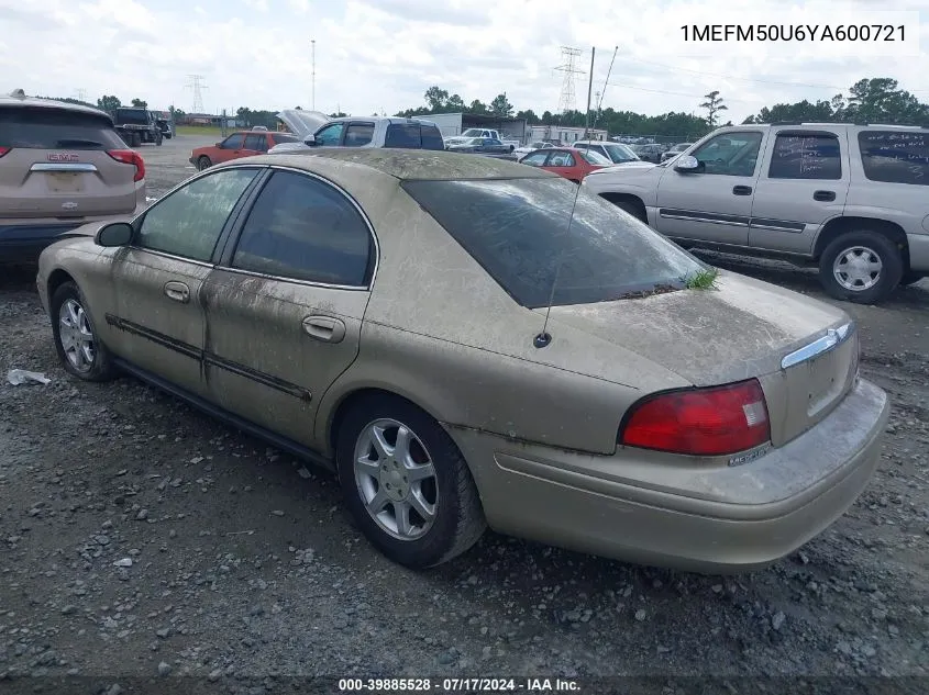 2000 Mercury Sable Gs VIN: 1MEFM50U6YA600721 Lot: 39885528