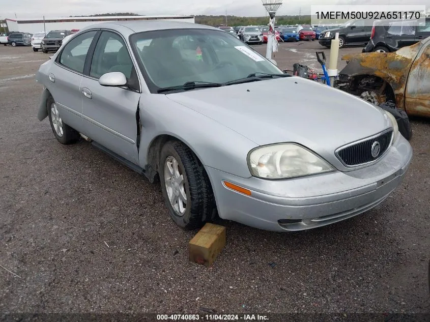 2002 Mercury Sable Gs VIN: 1MEFM50U92A651170 Lot: 40740863