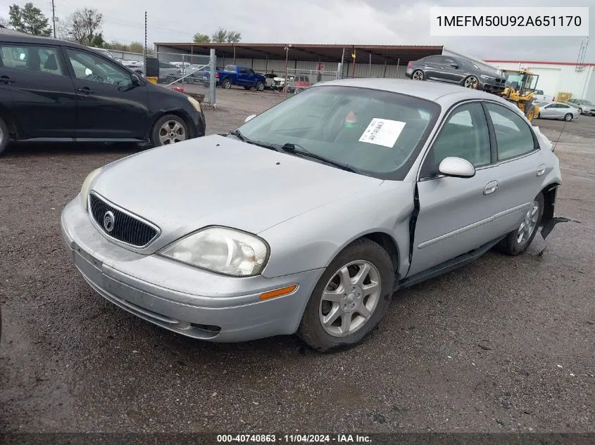 2002 Mercury Sable Gs VIN: 1MEFM50U92A651170 Lot: 40740863