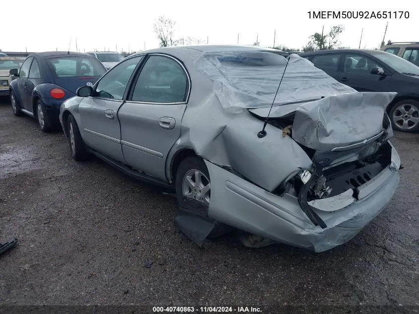 2002 Mercury Sable Gs VIN: 1MEFM50U92A651170 Lot: 40740863