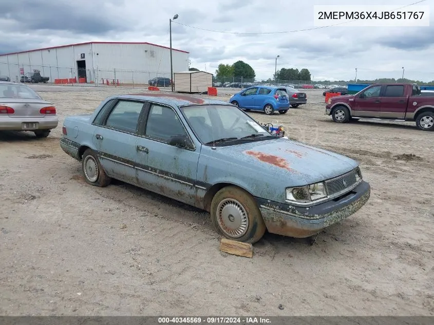 1988 Mercury Topaz Gs VIN: 2MEPM36X4JB651767 Lot: 40345569