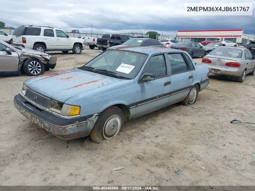 1988 Mercury Topaz Gs VIN: 2MEPM36X4JB651767 Lot: 40345569