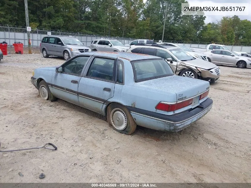 1988 Mercury Topaz Gs VIN: 2MEPM36X4JB651767 Lot: 40345569