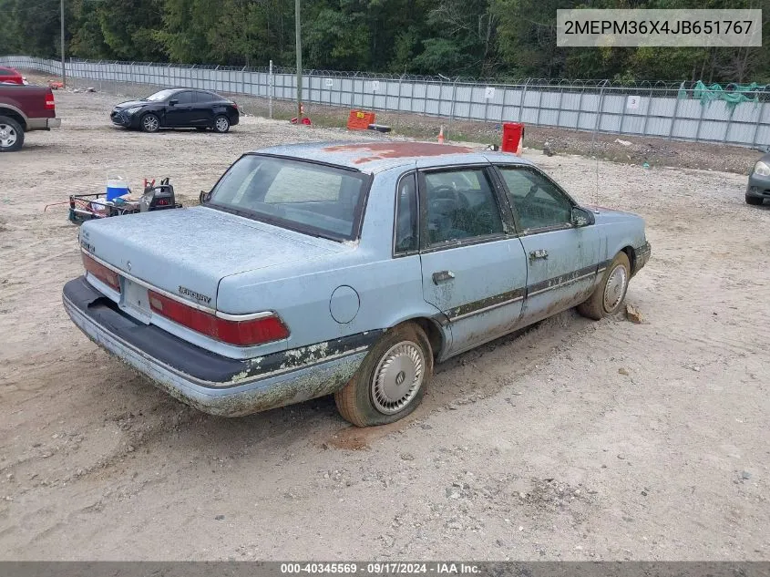 1988 Mercury Topaz Gs VIN: 2MEPM36X4JB651767 Lot: 40345569