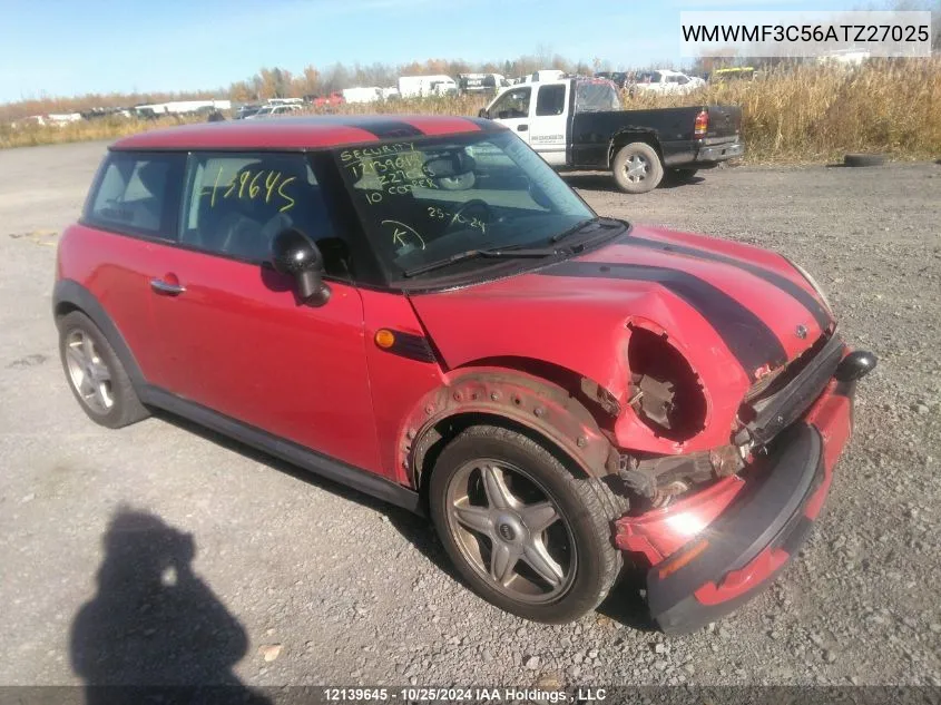 2010 Mini Cooper Hardtop VIN: WMWMF3C56ATZ27025 Lot: 12139645