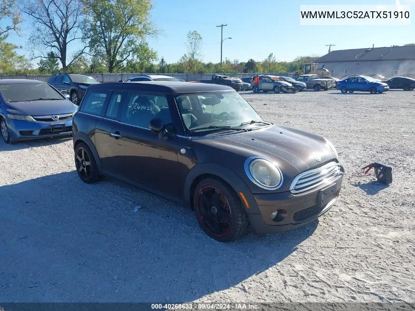 2010 Mini Cooper Clubman Base (M6) VIN: WMWML3C52ATX51910 Lot: 40268633