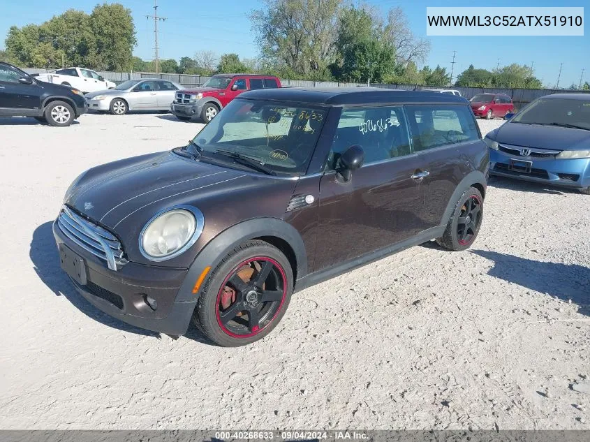 2010 Mini Cooper Clubman Base (M6) VIN: WMWML3C52ATX51910 Lot: 40268633