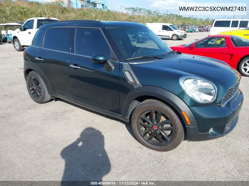 2012 Mini Cooper S Countryman VIN: WMWZC3C5XCWM27451 Lot: 40859010