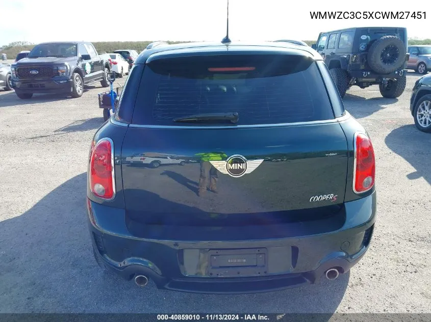 2012 Mini Cooper S Countryman VIN: WMWZC3C5XCWM27451 Lot: 40859010