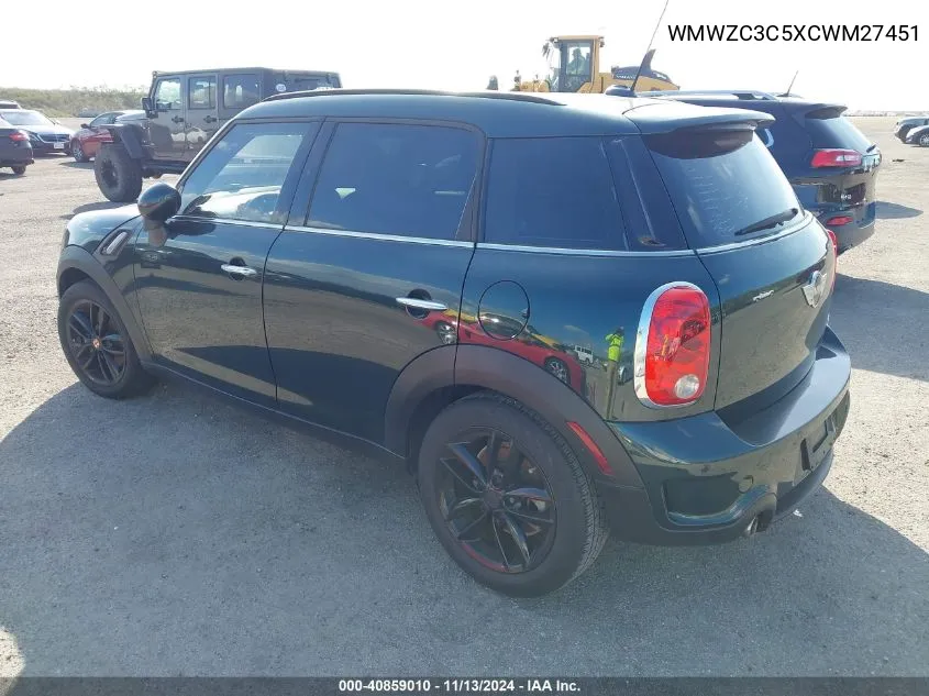 2012 Mini Cooper S Countryman VIN: WMWZC3C5XCWM27451 Lot: 40859010