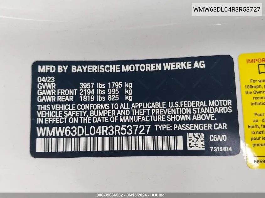 2024 Mini Convertible John Cooper Works VIN: WMW63DL04R3R53727 Lot: 39666552