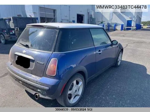 2003 Mini Cooper VIN: WMWRC33483TC44478 Lot: 30044539