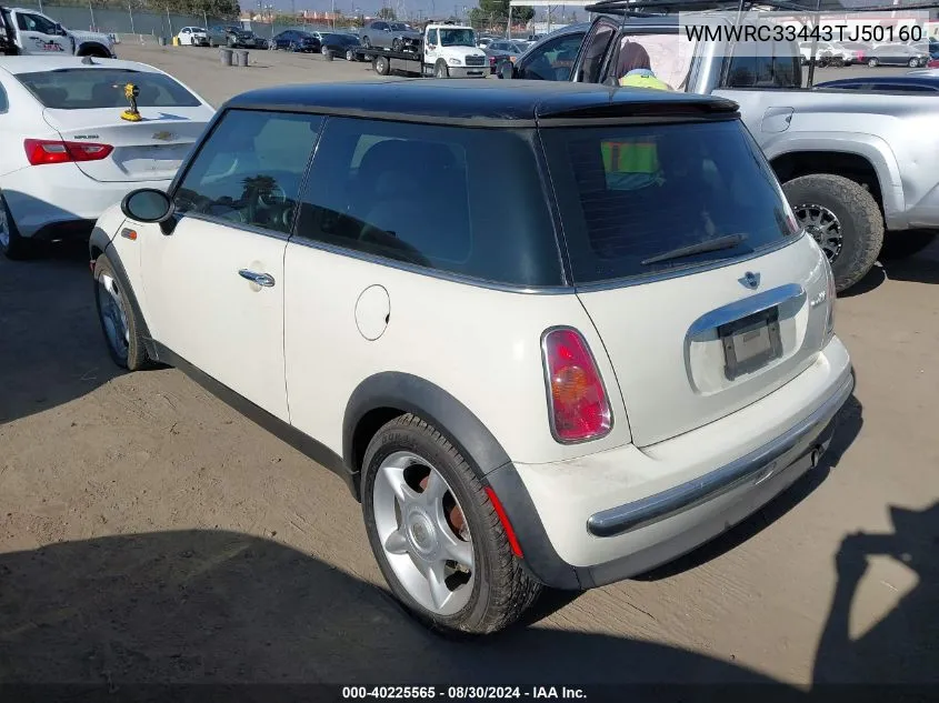 2003 Mini Cooper VIN: WMWRC33443TJ50160 Lot: 40225565