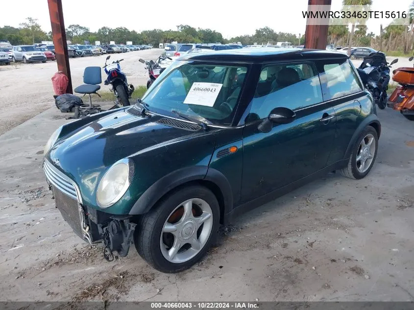 2003 Mini Cooper VIN: WMWRC33463TE15616 Lot: 40660043