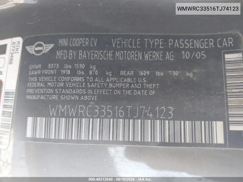 WMWRC33516TJ74123 2006 Mini Cooper