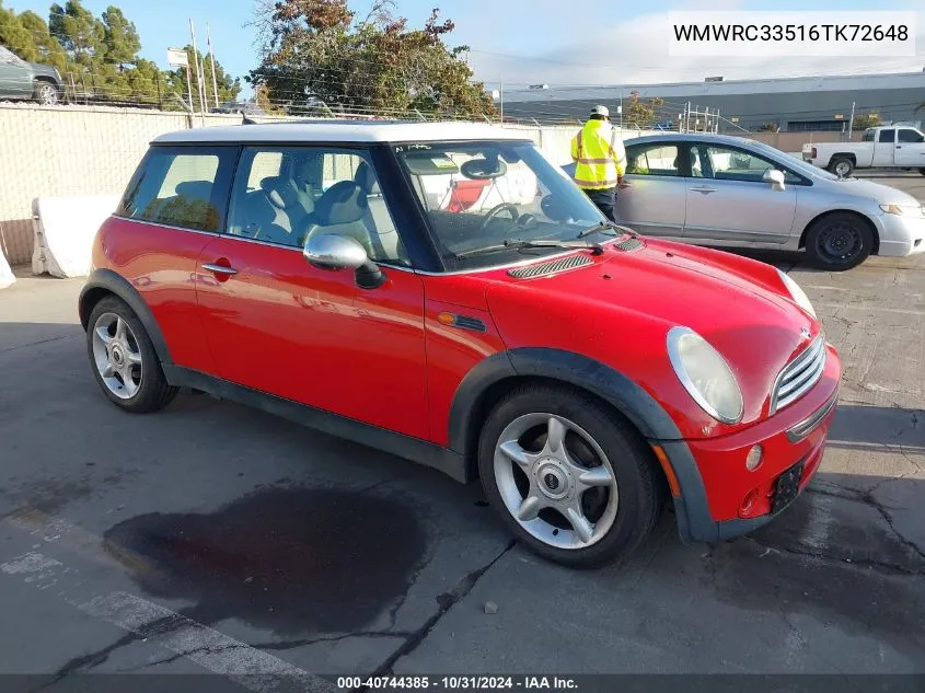 2006 Mini Cooper VIN: WMWRC33516TK72648 Lot: 40744385