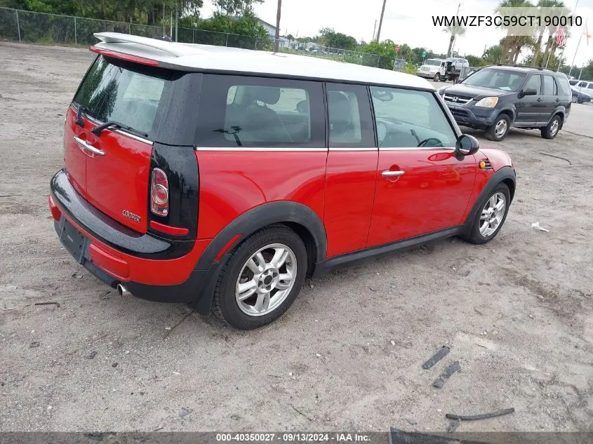 2012 Mini Cooper Clubman VIN: WMWZF3C59CT190010 Lot: 40350027