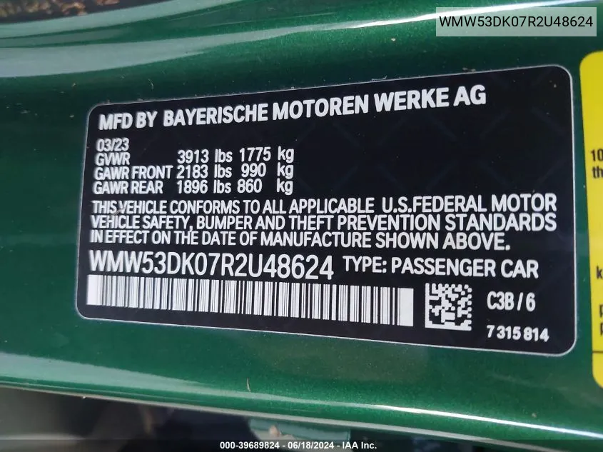 2024 Mini Hardtop Cooper S VIN: WMW53DK07R2U48624 Lot: 39689824