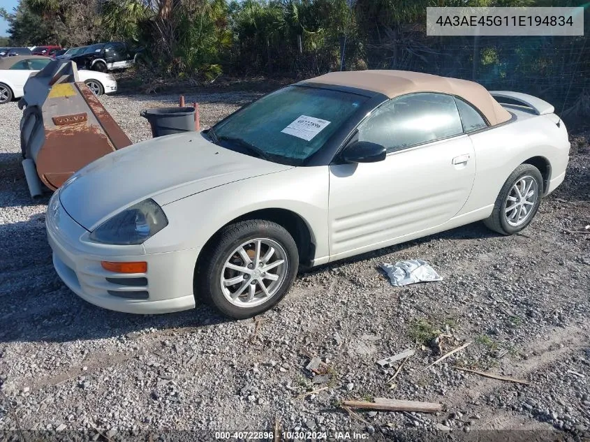 2001 Mitsubishi Eclipse Spyder Gs VIN: 4A3AE45G11E194834 Lot: 40722896