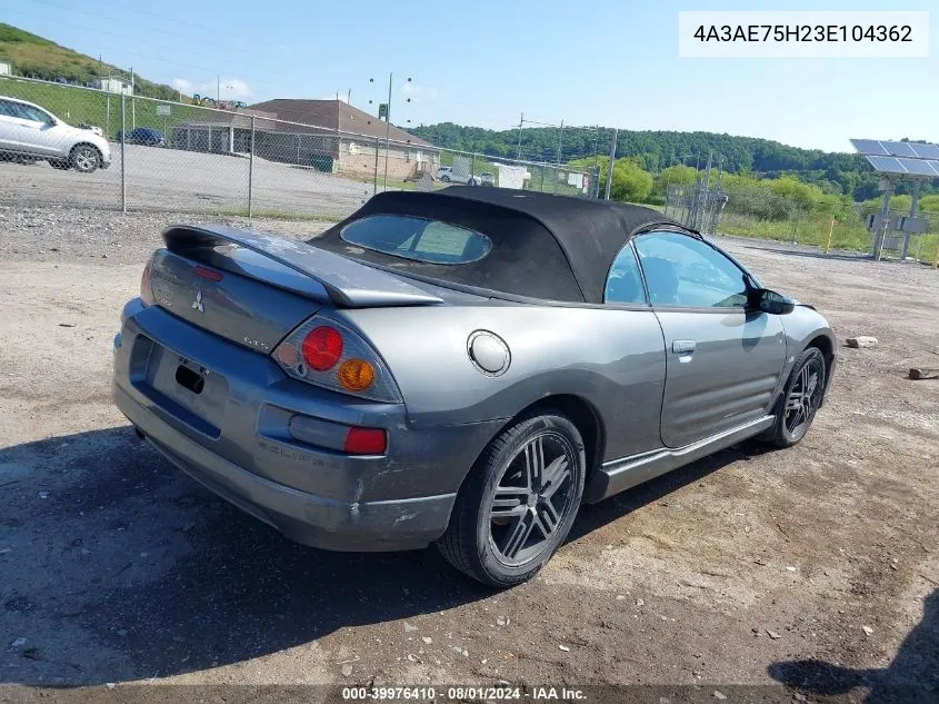 2003 Mitsubishi Eclipse Spyder Gts VIN: 4A3AE75H23E104362 Lot: 39976410