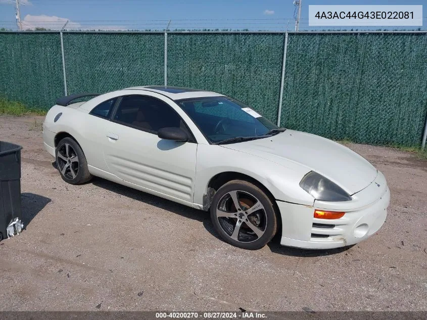 2003 Mitsubishi Eclipse Gs VIN: 4A3AC44G43E022081 Lot: 40200270