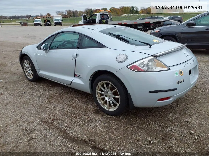 2006 Mitsubishi Eclipse Gt VIN: 4A3AK34T06E029981 Lot: 40825592