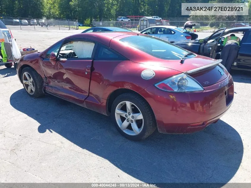 2007 Mitsubishi Eclipse Gs VIN: 4A3AK24F27E028921 Lot: 40044245