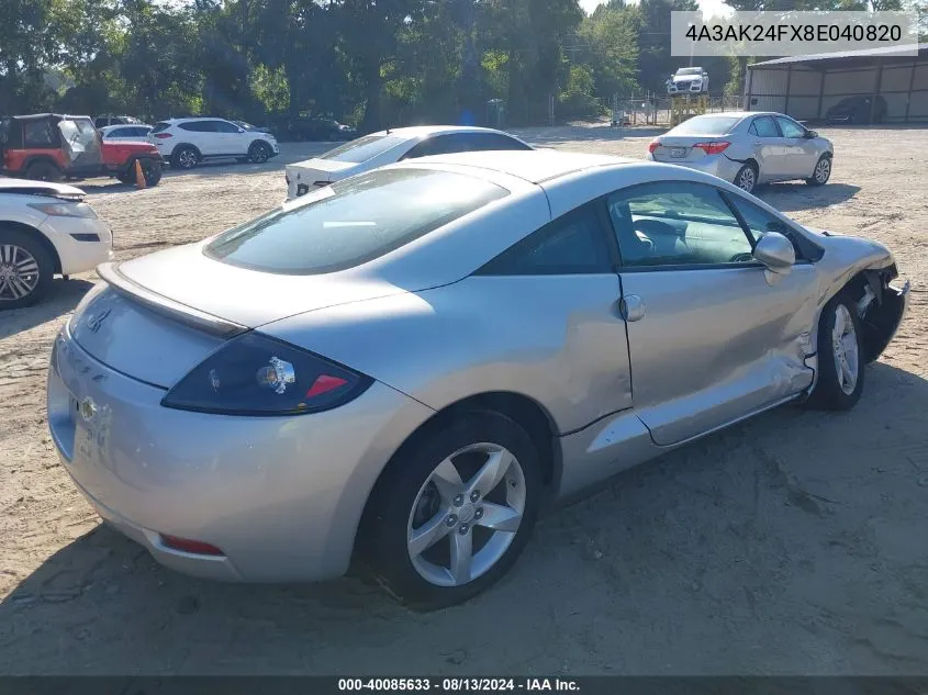 2008 Mitsubishi Eclipse Gs VIN: 4A3AK24FX8E040820 Lot: 40085633