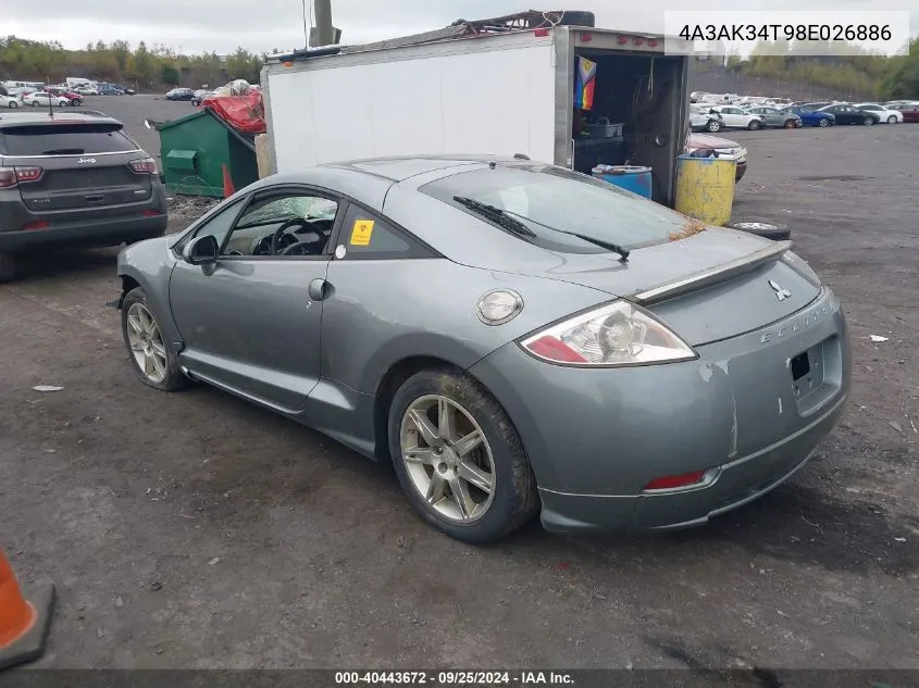 2008 Mitsubishi Eclipse Gt VIN: 4A3AK34T98E026886 Lot: 40443672