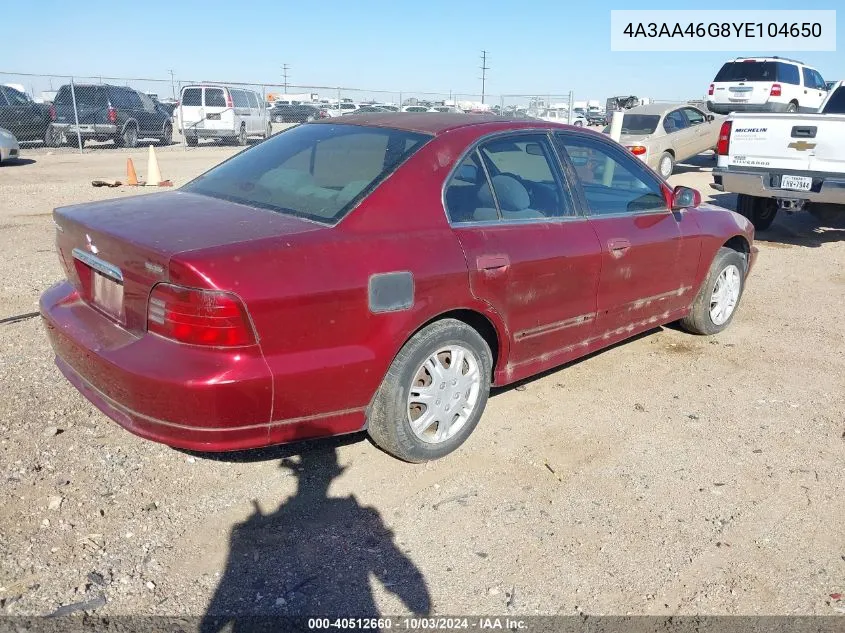 2000 Mitsubishi Galant Es VIN: 4A3AA46G8YE104650 Lot: 40512660