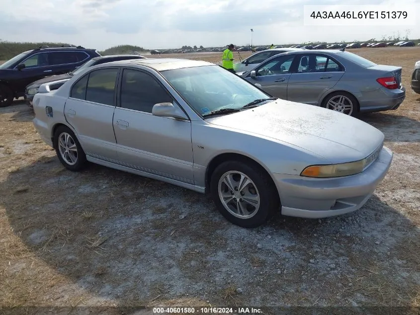 2000 Mitsubishi Galant Es V6/Gtz VIN: 4A3AA46L6YE151379 Lot: 40601580