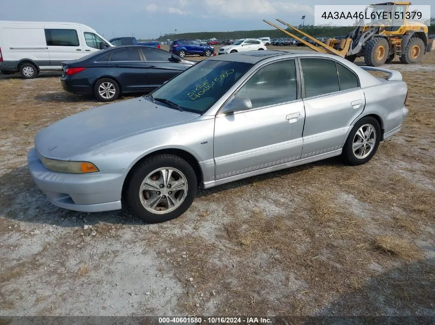 2000 Mitsubishi Galant Es V6/Gtz VIN: 4A3AA46L6YE151379 Lot: 40601580