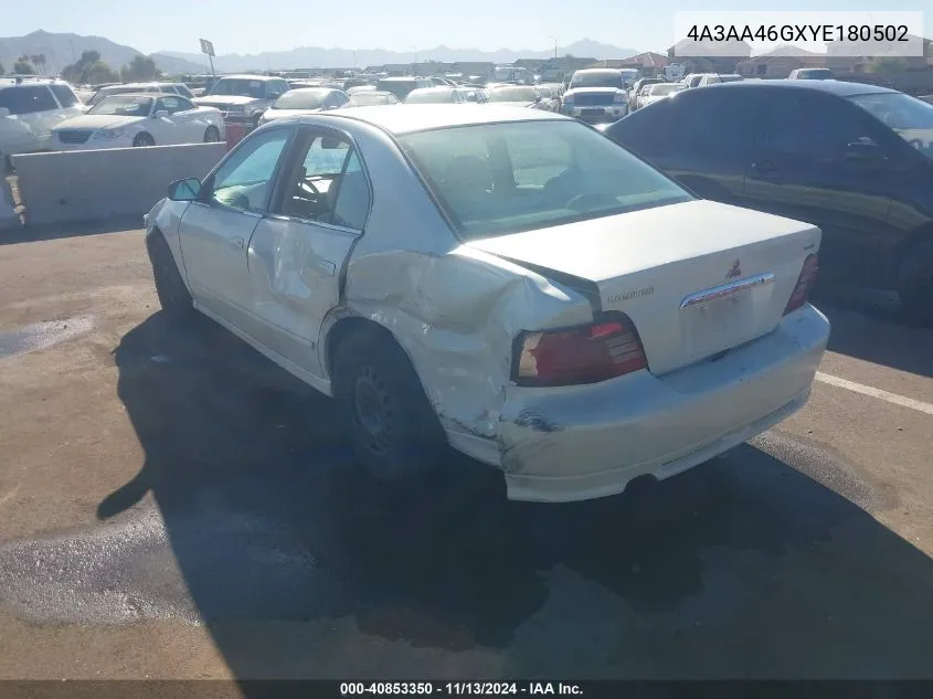 2000 Mitsubishi Galant Es VIN: 4A3AA46GXYE180502 Lot: 40853350