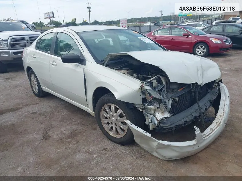 2008 Mitsubishi Galant Es VIN: 4A3AB36F58E012118 Lot: 40254570