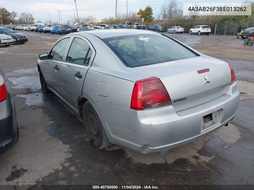 2008 Mitsubishi Galant De VIN: 4A3AB26F38E013262 Lot: 40750500