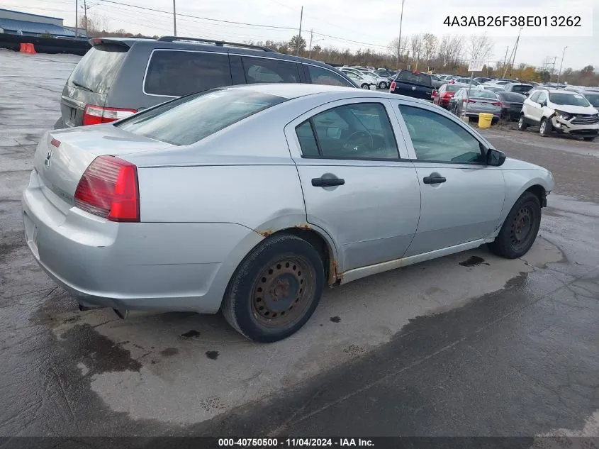 2008 Mitsubishi Galant De VIN: 4A3AB26F38E013262 Lot: 40750500